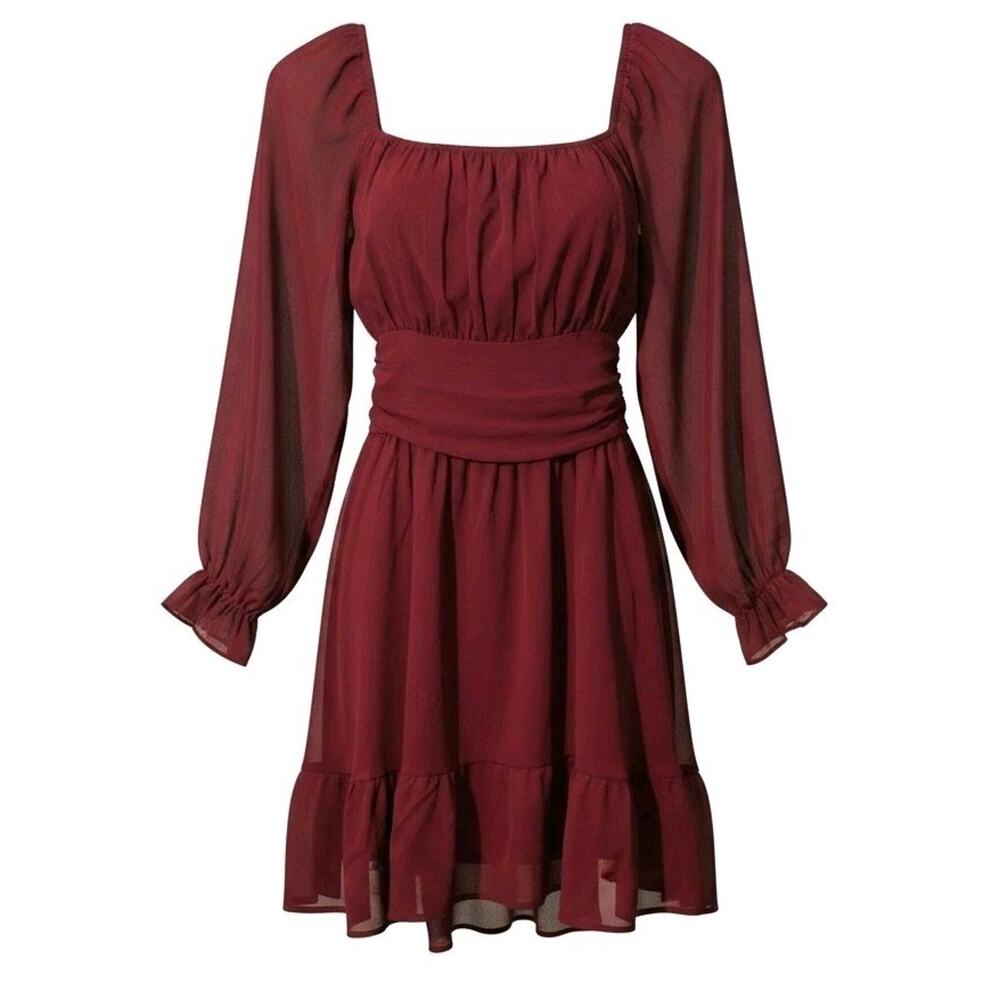 Y2K Cottagecore Xlura Chiffon Mini Dress Wine Red Long Sleeve Smocked Small